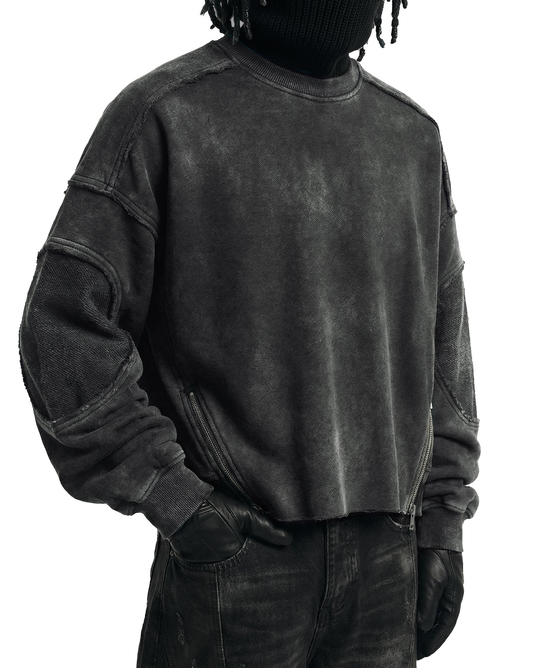 LOW SATURATION-Washed Zip Detail Cropped Sweatshirt