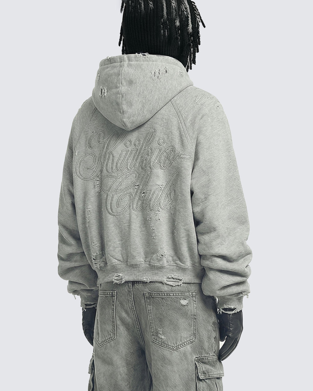 LOW SATURATION-Distressed Cropped Zip-Up Hoodie