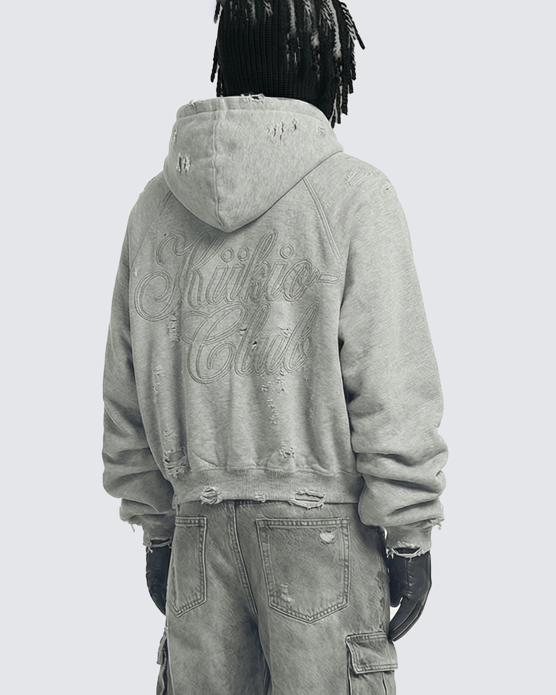 LOW SATURATION-Distressed Cropped Zip-Up Hoodie