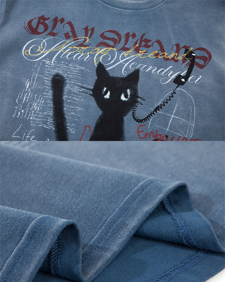 GRYFT Vintage Washed Cat Graphic Streetwear T-Shirt