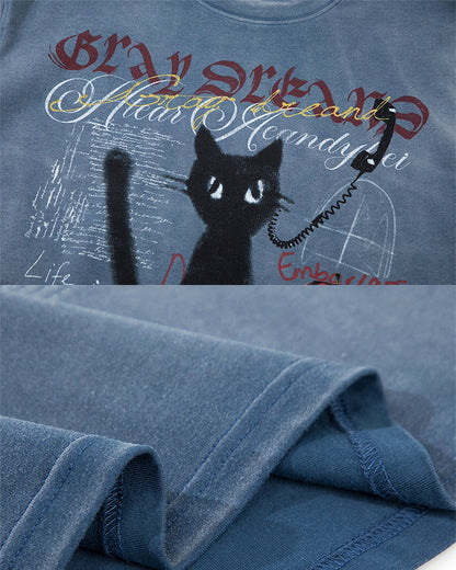 GRYFT Vintage Washed Cat Graphic Streetwear T-Shirt
