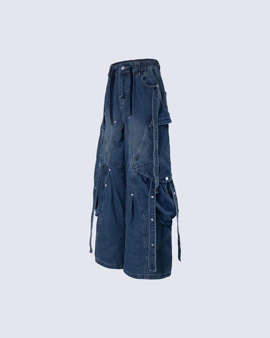 New Dark Washed Utility Strap Wide Leg Jeans