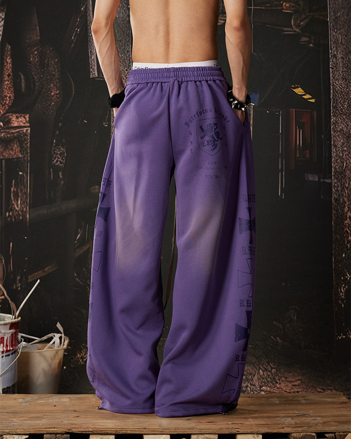 Black Gothic Letter Print Wide-Leg Sweatpants