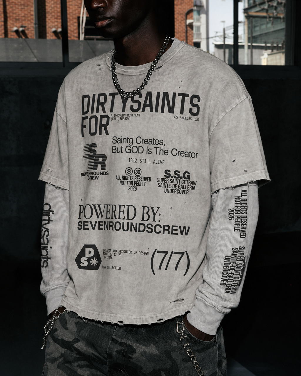 GRYFT Grunge Distressed Typography Layered Long-Sleeve T-Shirt