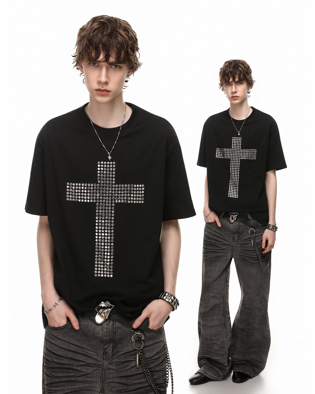 Vintage Cross Rhinestone Black Short Sleeve T-Shirt