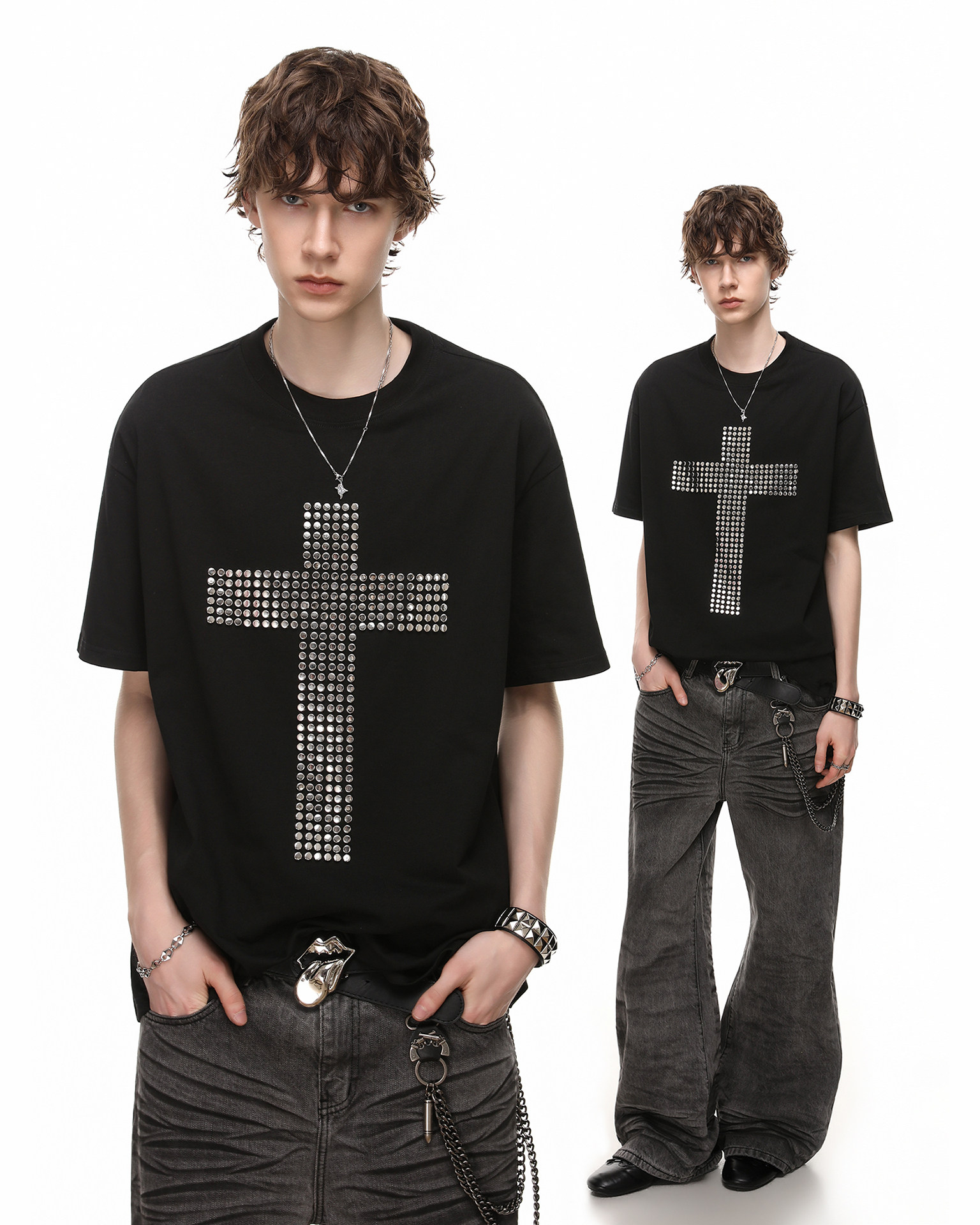 Vintage Cross Rhinestone Black Short Sleeve T-Shirt