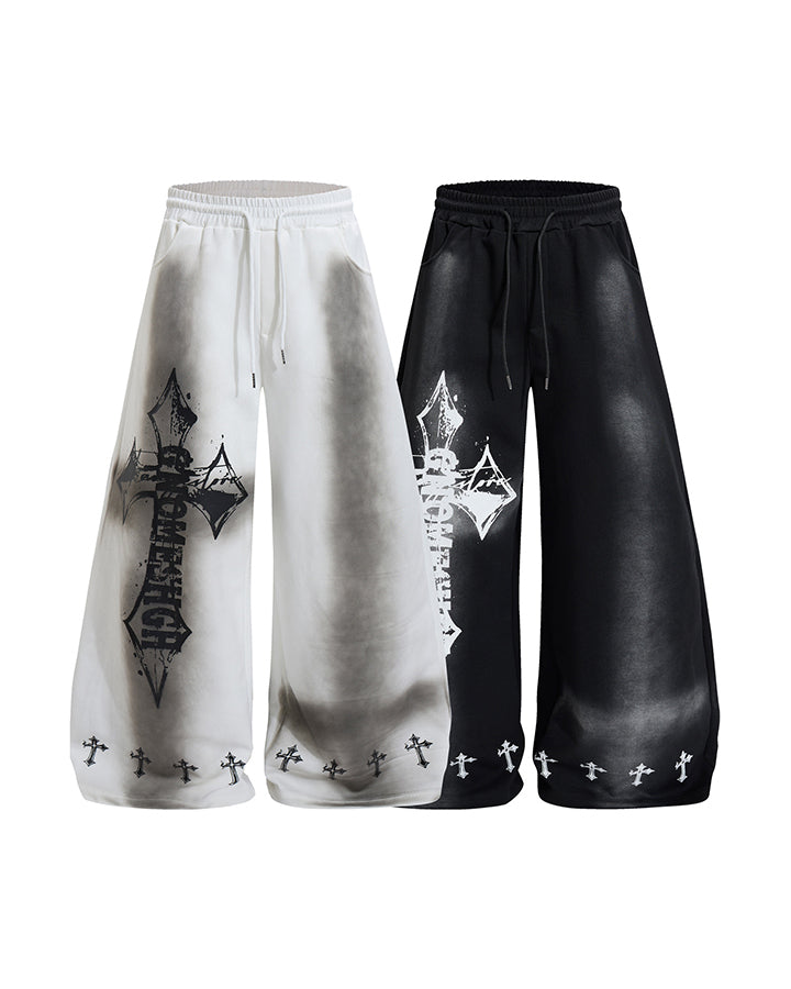 GRYFT Gothic Washed Cross Graphic Wide-Leg Pants