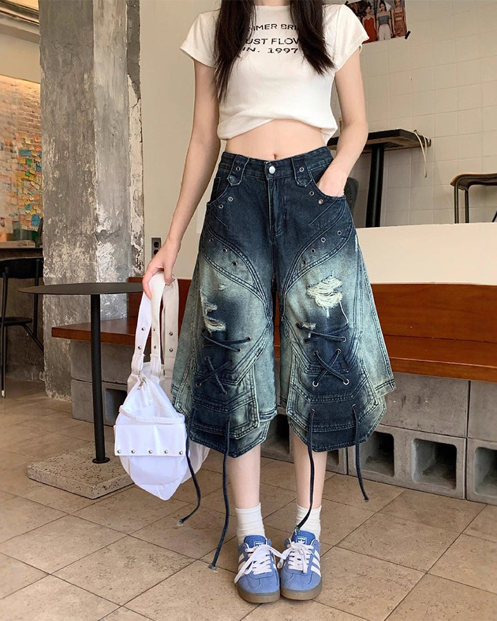 Distressed Lace-Up Washed Denim Shorts New