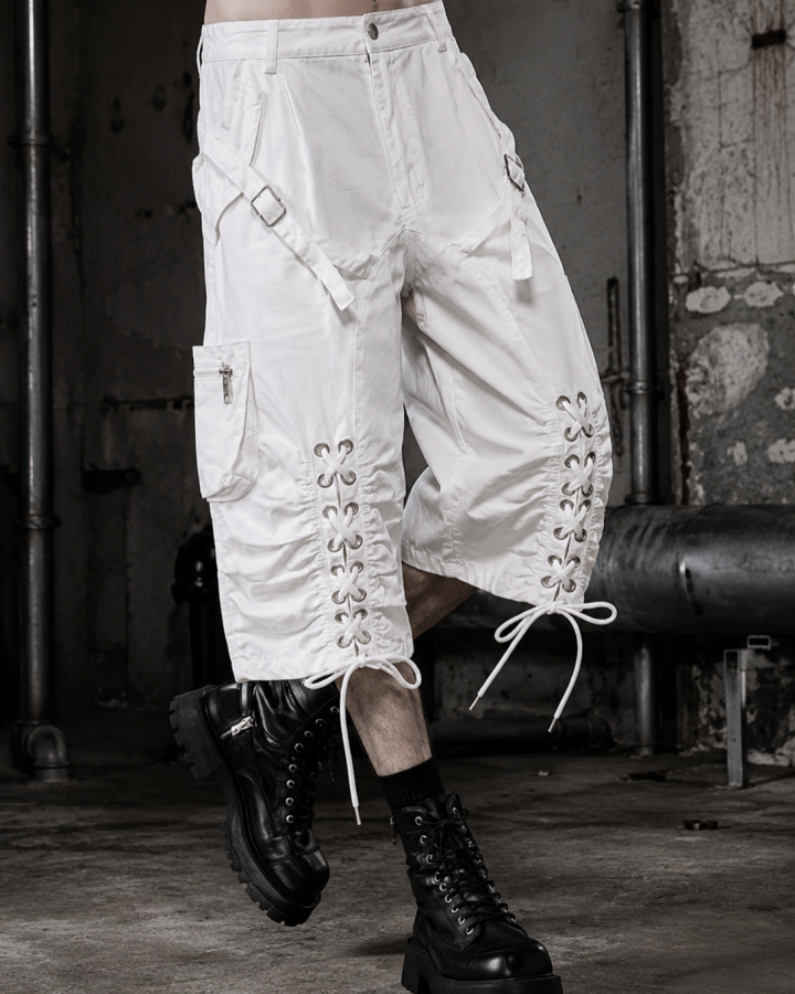 Distressed Cargo Wide-Leg Pants with Straps