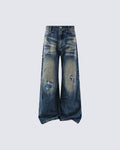 New Vintage Grunge Washed Patchwork Wide Barrel Jeans