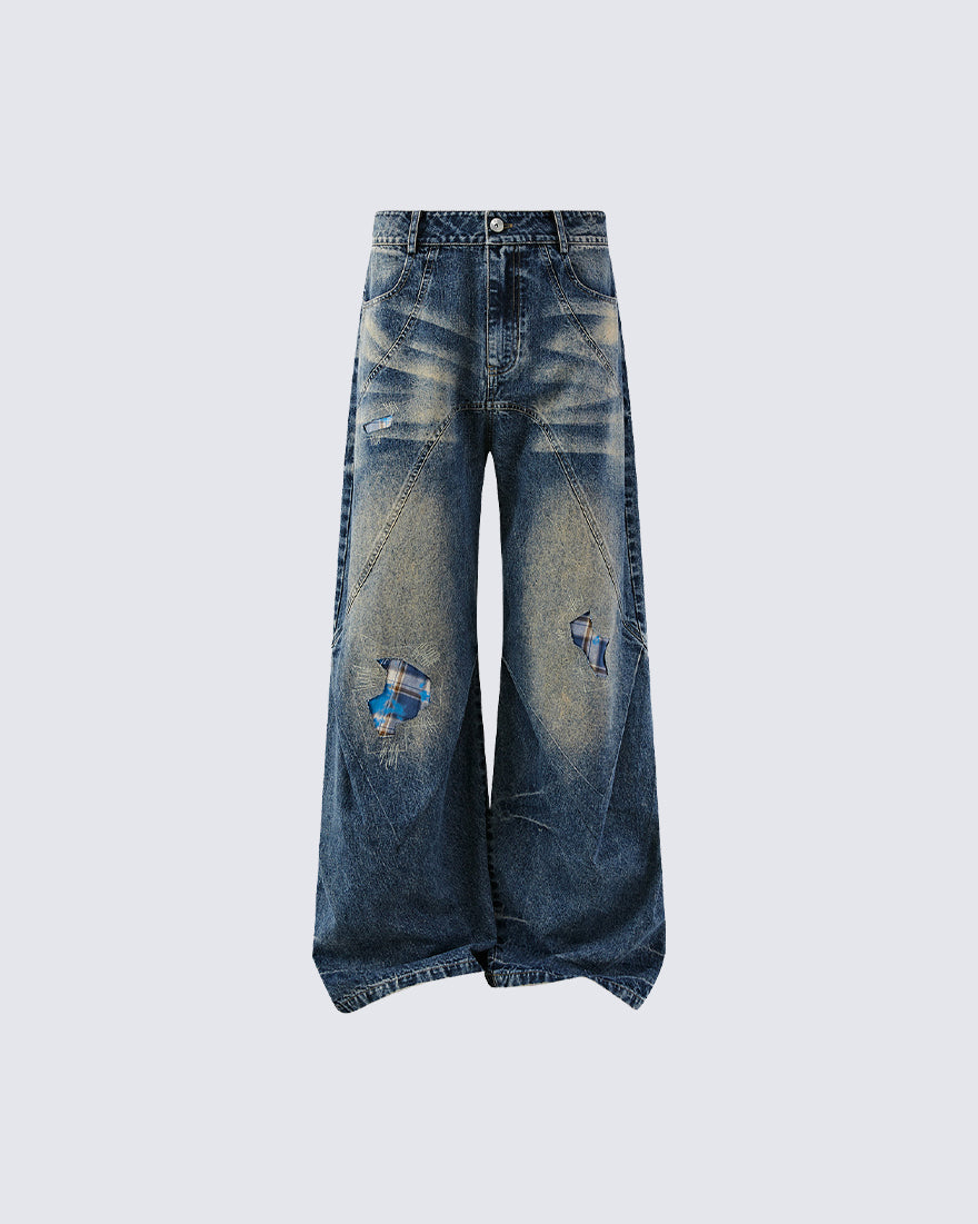 New Vintage Grunge Washed Patchwork Wide Barrel Jeans
