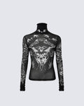 Gothic Mesh Long Sleeve Top with Graphic Print