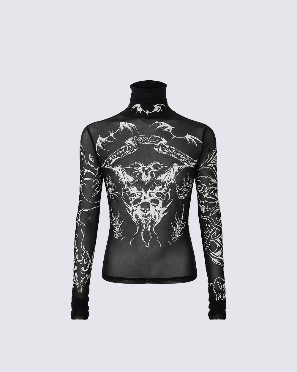 Gothic Mesh Long Sleeve Top with Graphic Print