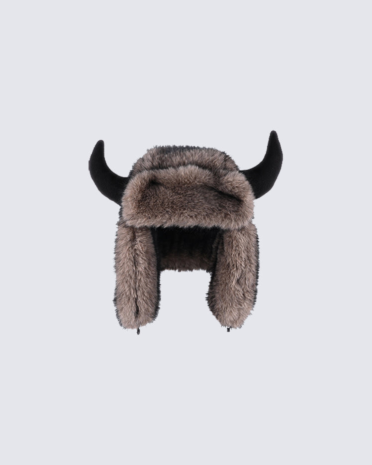 Horn Faux Mink Fur Trapper Hat