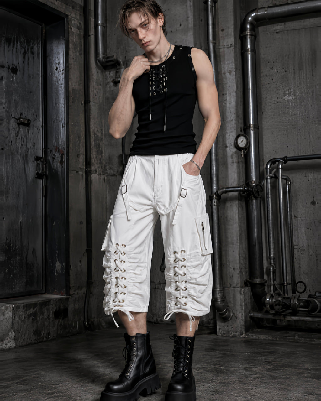 Distressed Cargo Wide-Leg Pants with Straps