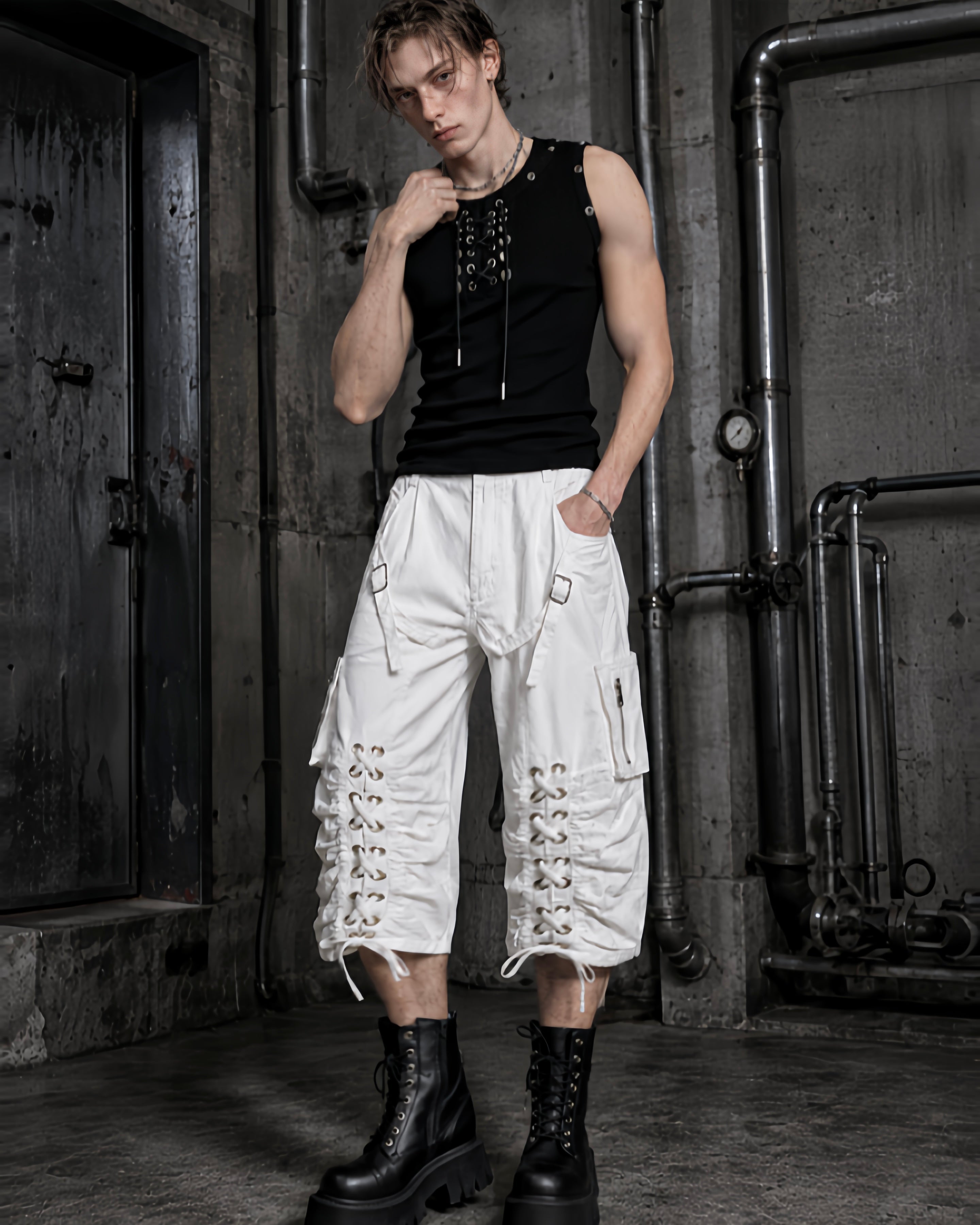 Distressed Cargo Wide-Leg Pants with Straps