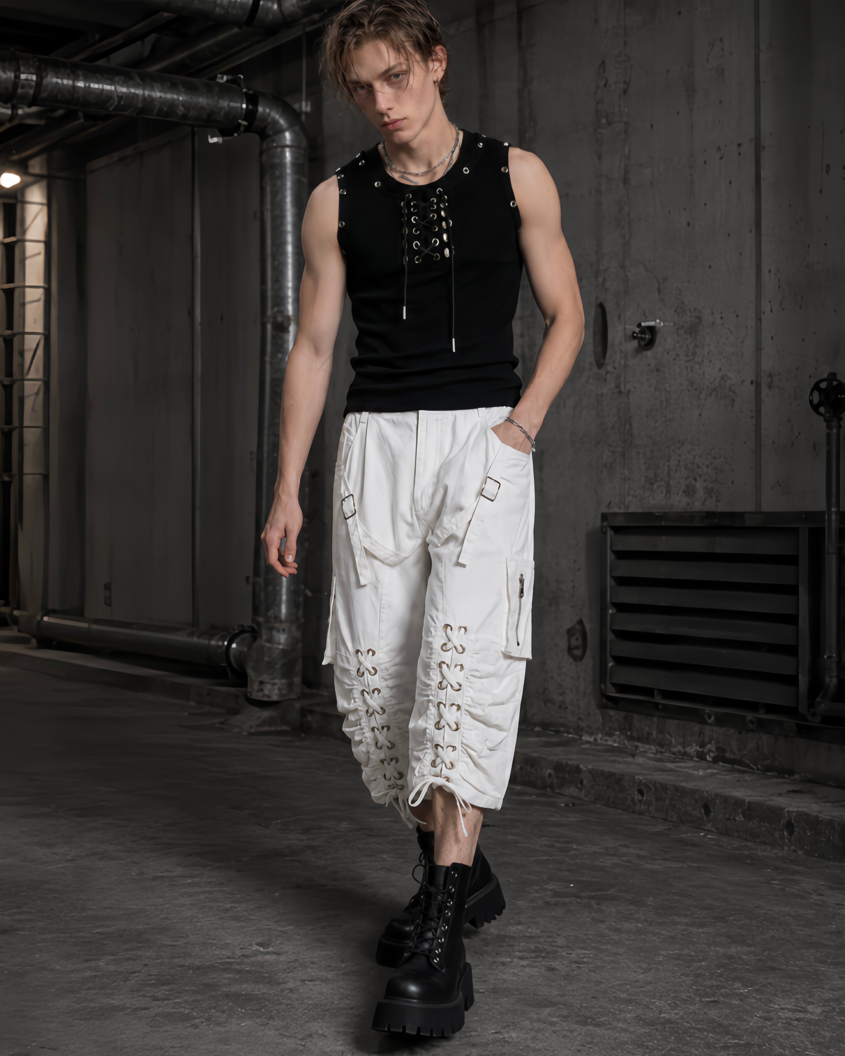 Distressed Cargo Wide-Leg Pants with Straps
