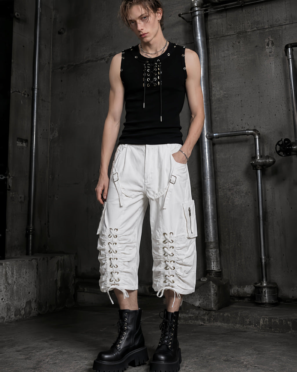 Distressed Cargo Wide-Leg Pants with Straps