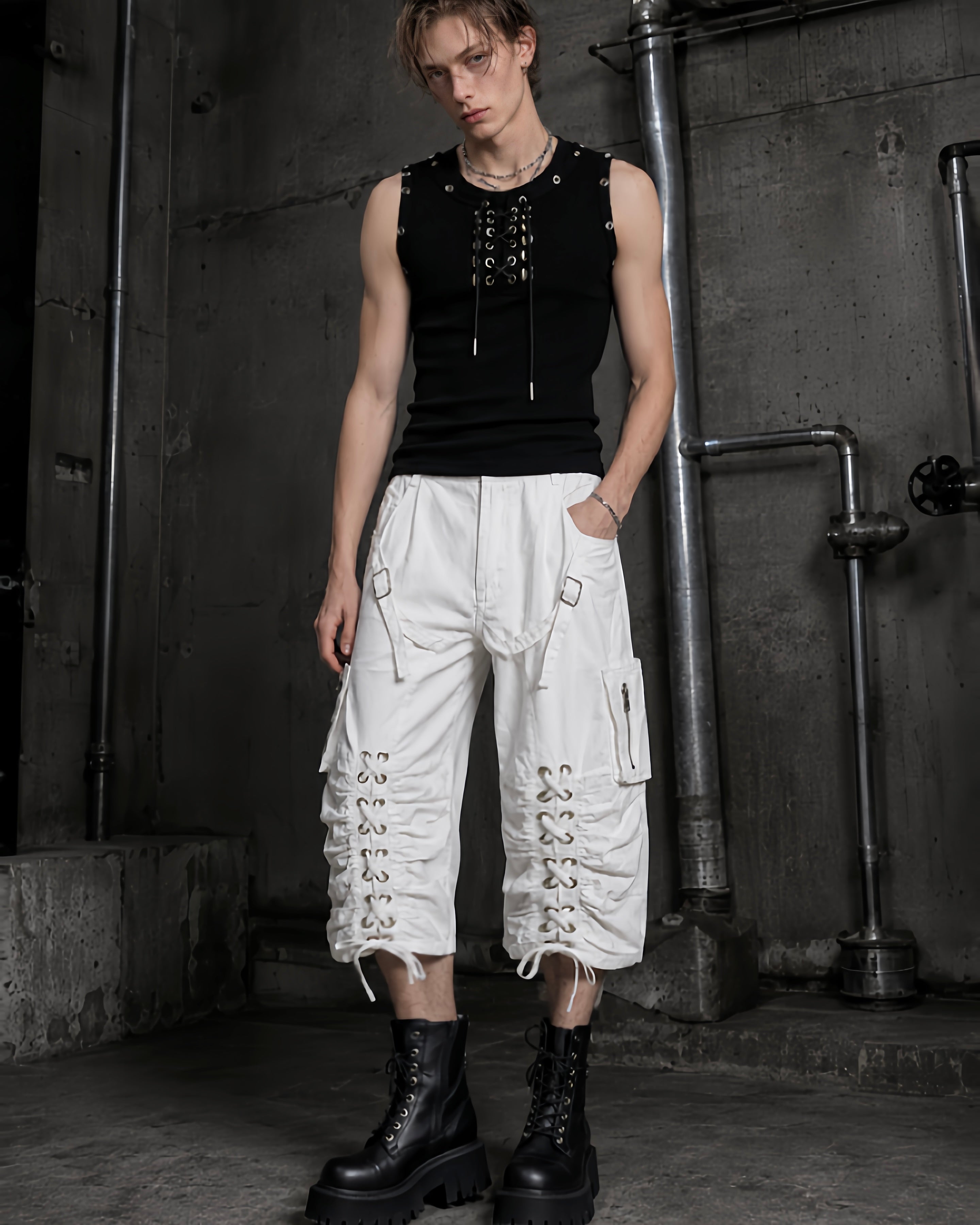 Distressed Cargo Wide-Leg Pants with Straps
