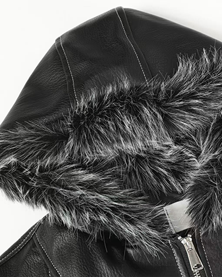 Faux Leather Hooded Jacket with Fur Trim