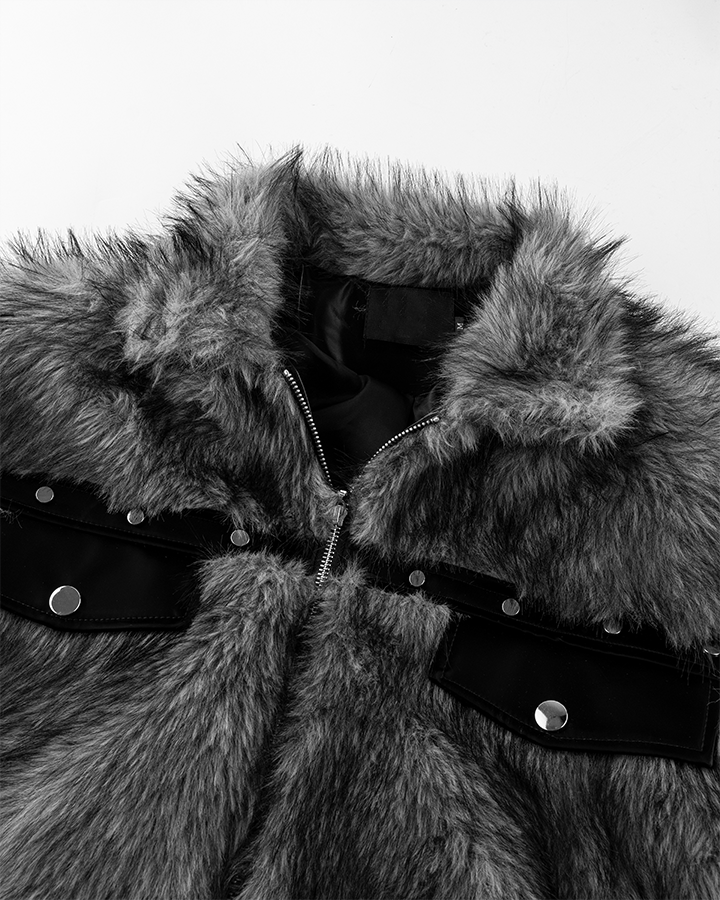 Faux Fur Bomber Jacket with Leather Details