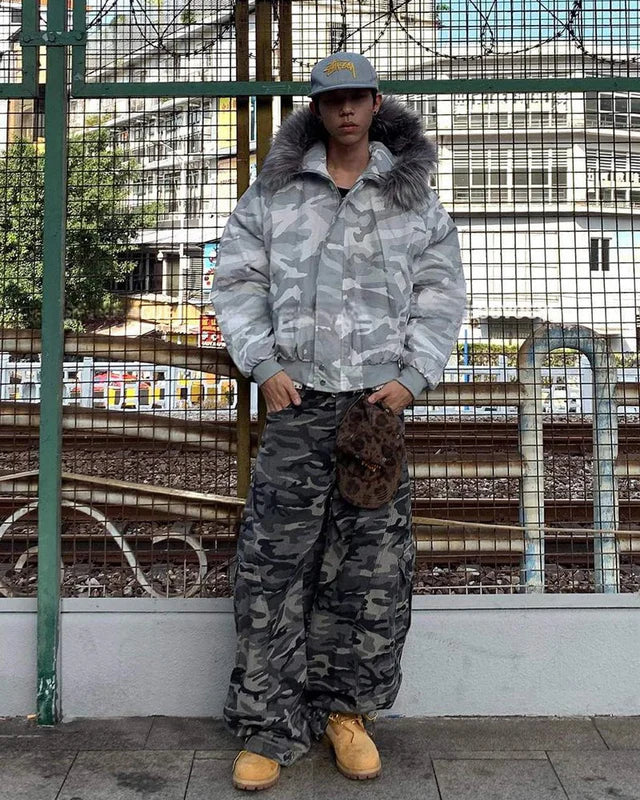 Camouflage Cargo Pants with Fur-Collar Jacket