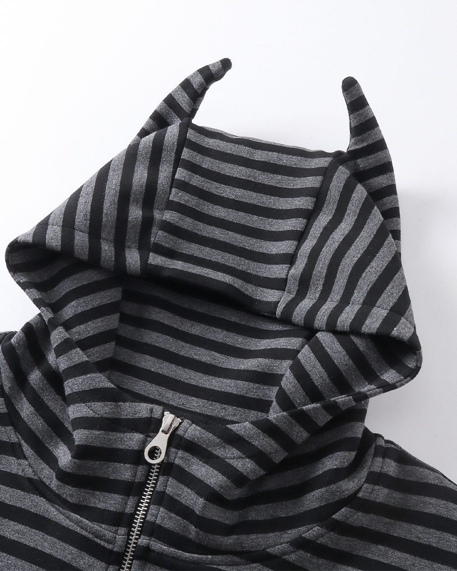 Devil-Horn Striped Hooded Jacket