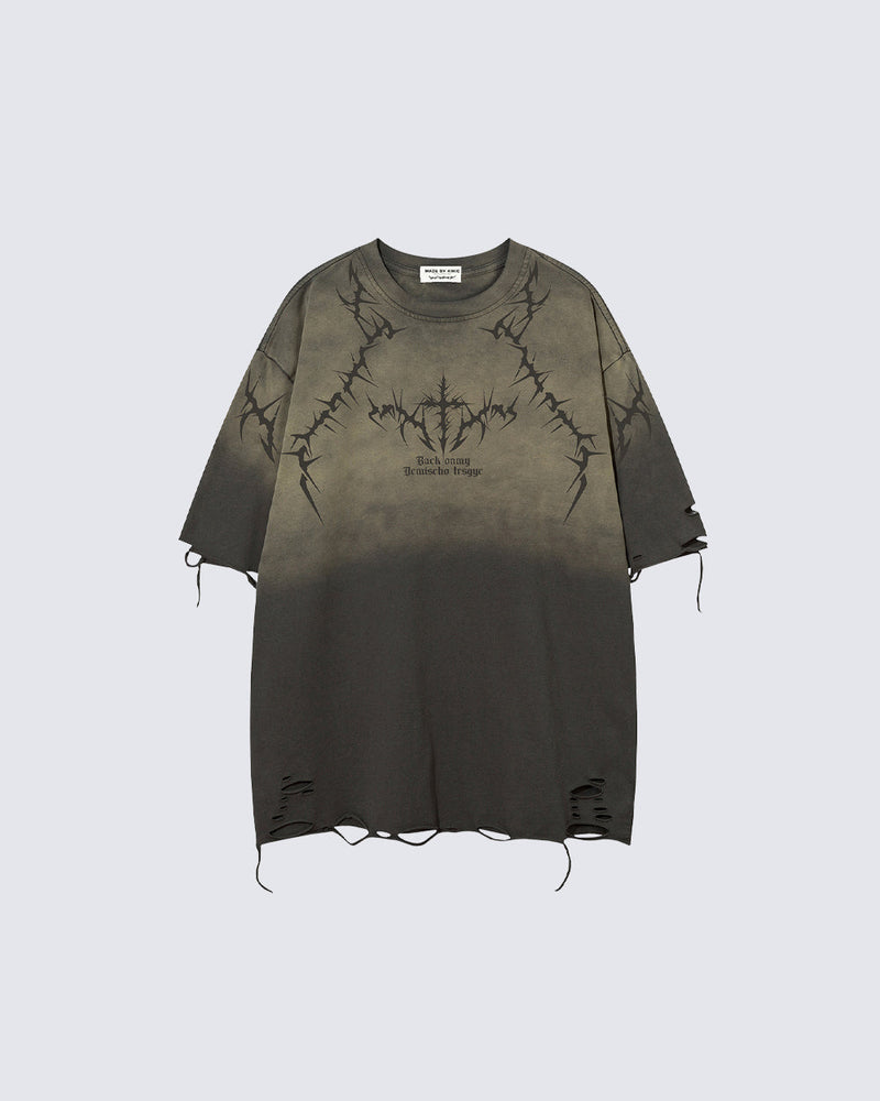 American-Style Distressed Washed Thorn Print Short-Sleeved T-Shirt