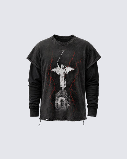 GRYFT Distressed Angel Cross Graphic Layered T-Shirt