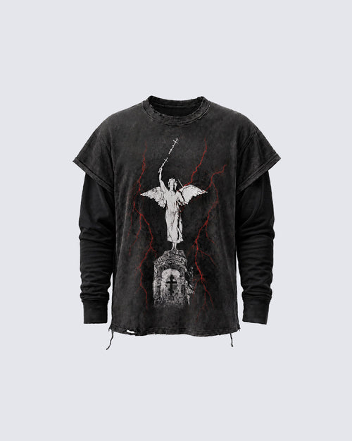 GRYFT Distressed Angel Cross Graphic Layered T-Shirt