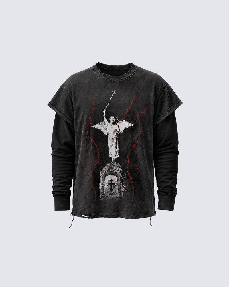 GRYFT Distressed Angel Cross Graphic Layered T-Shirt