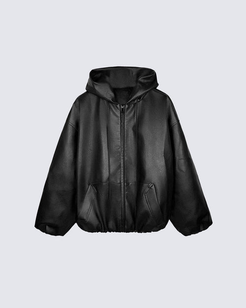 Oversized PU Leather Hooded Jacket