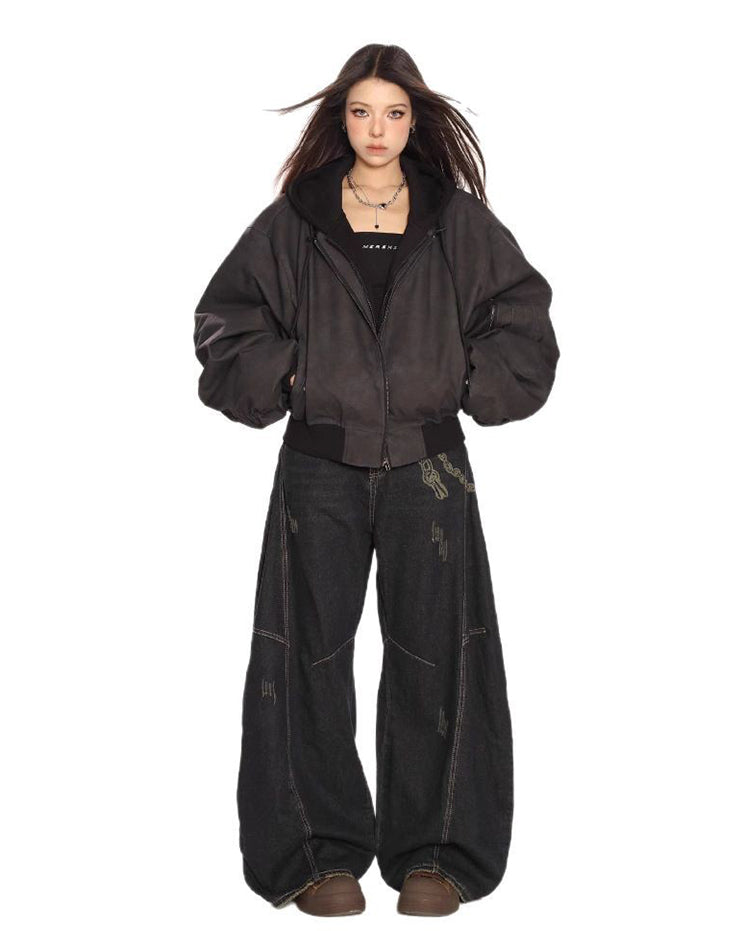 Black Leather Bomber Hoodie Jacket