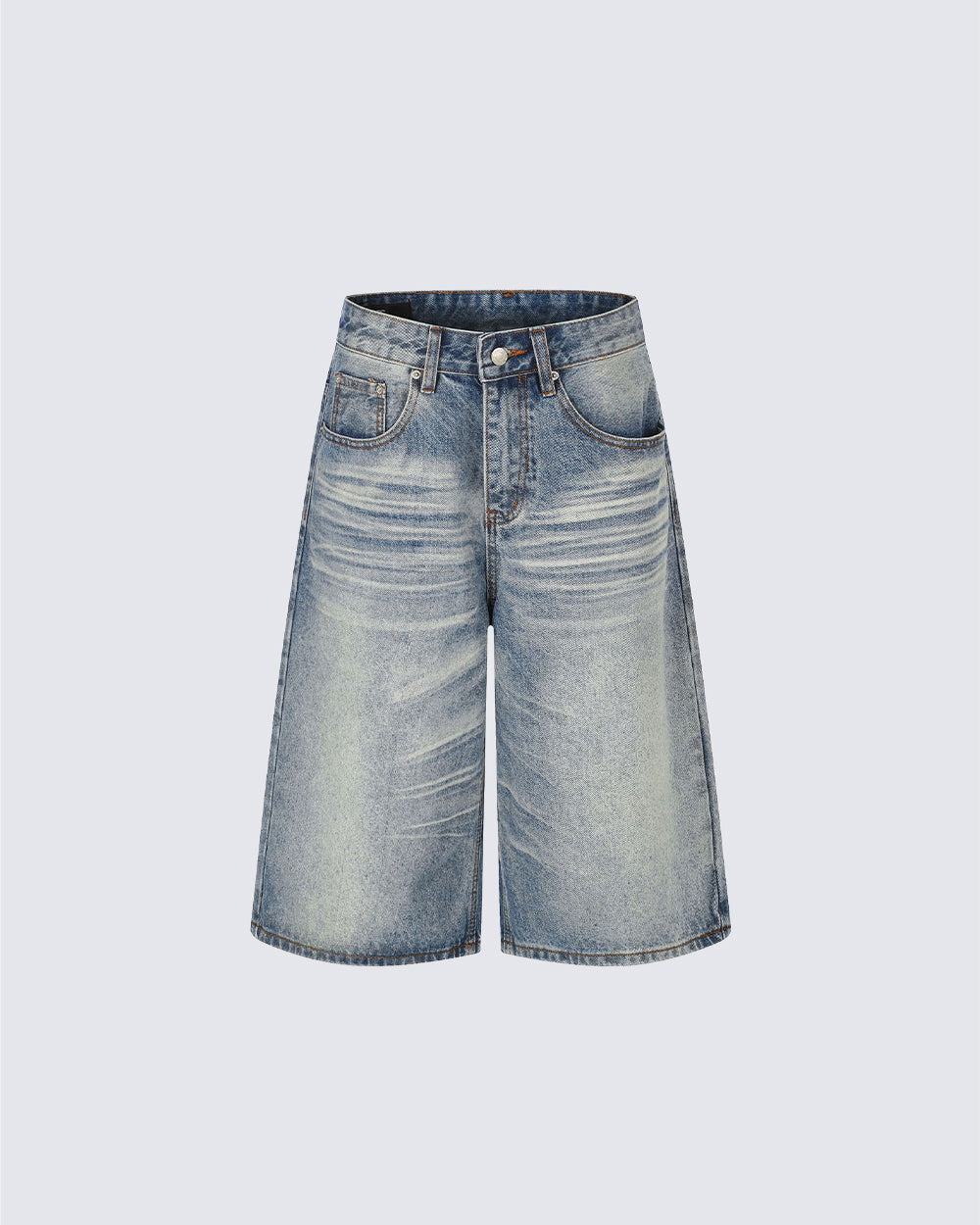 Retro Washed Whisker-Effect Denim Shorts