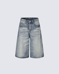 Retro Washed Whisker-Effect Denim Shorts