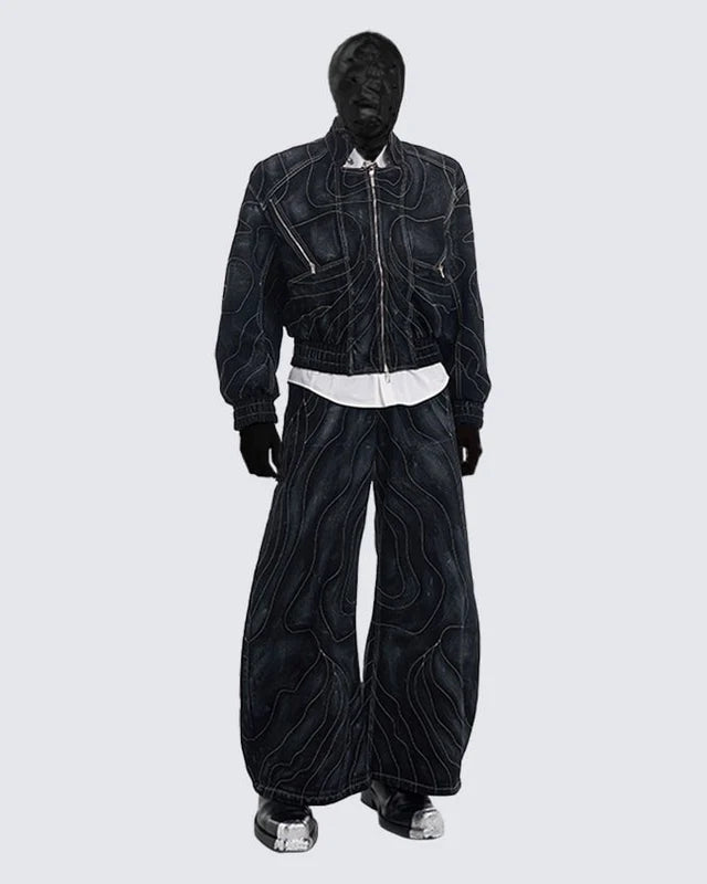 Retro Denim Jacket and Wide-Leg Jeans Set