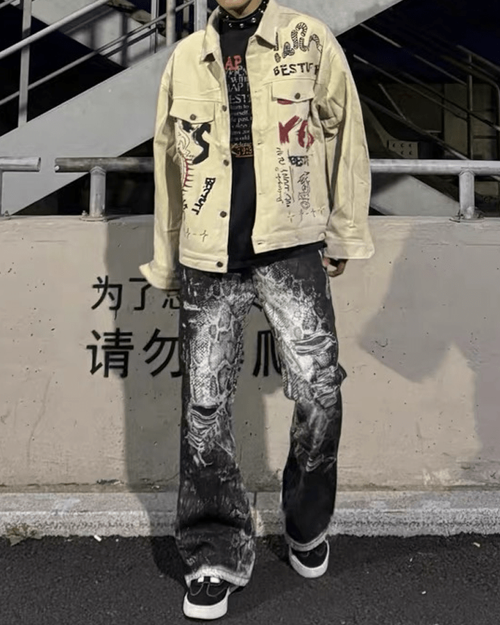 Grunge Snake Print Stacked Washed Jeans