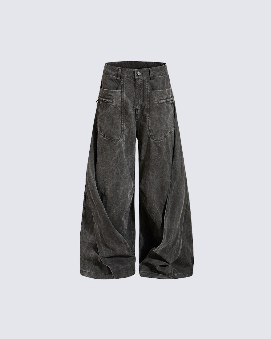 GRYFT Retro Washed Curved Panel Wide-Leg Jeans