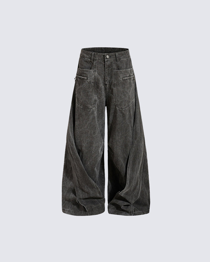 GRYFT Retro Washed Curved Panel Wide-Leg Jeans