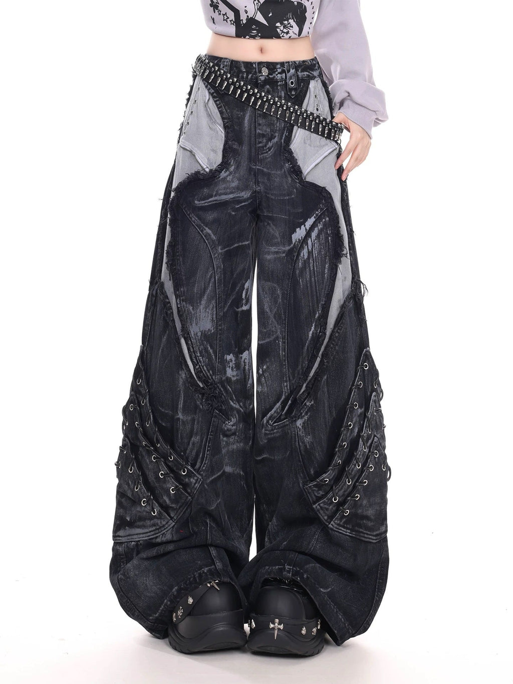 Vintage Washed Patchwork Lace-Up Wide Jeans