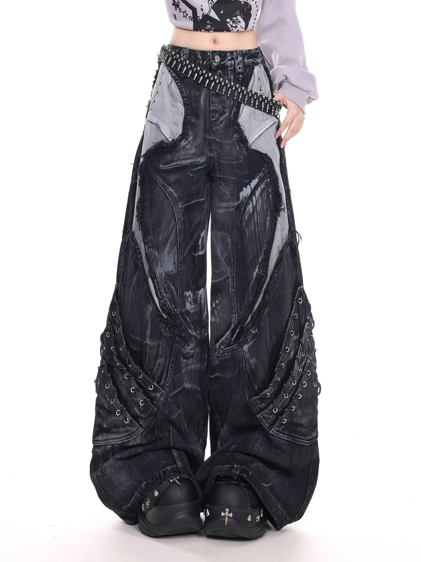 Vintage Washed Patchwork Lace-Up Wide Jeans