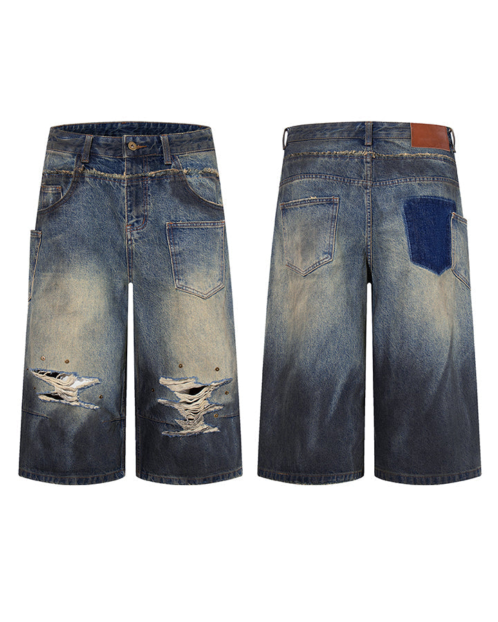 Vintage Distressed Washed Denim Cropped Shorts
