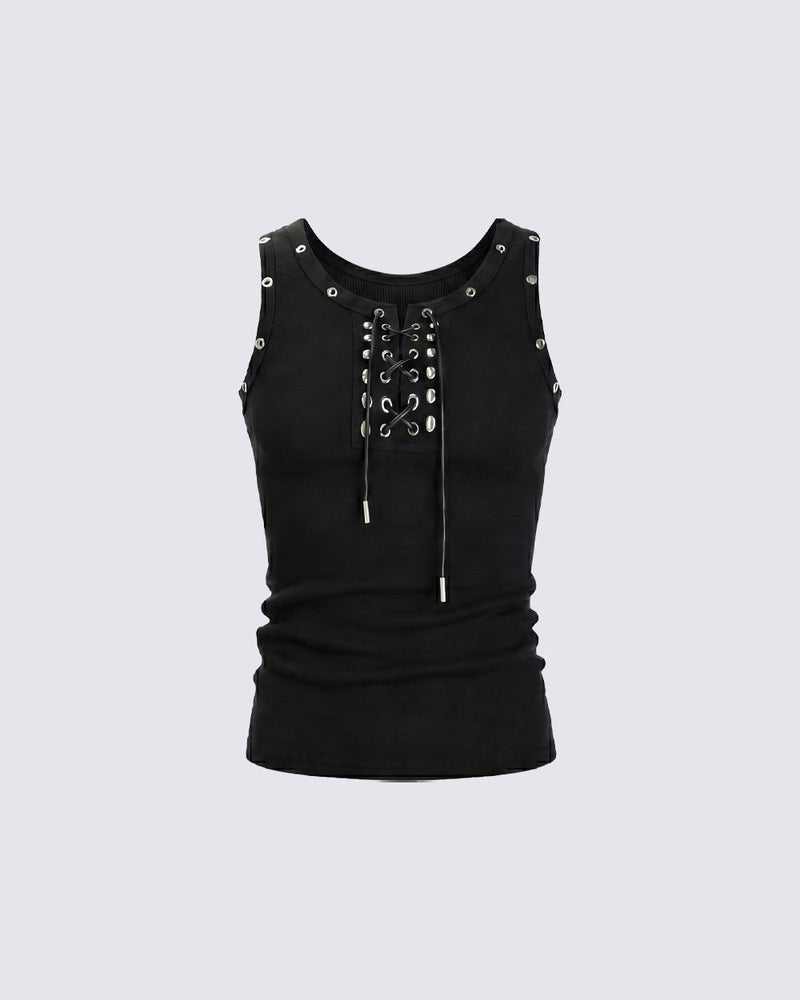 American Punk Lace-Up Rivet Tank Top New
