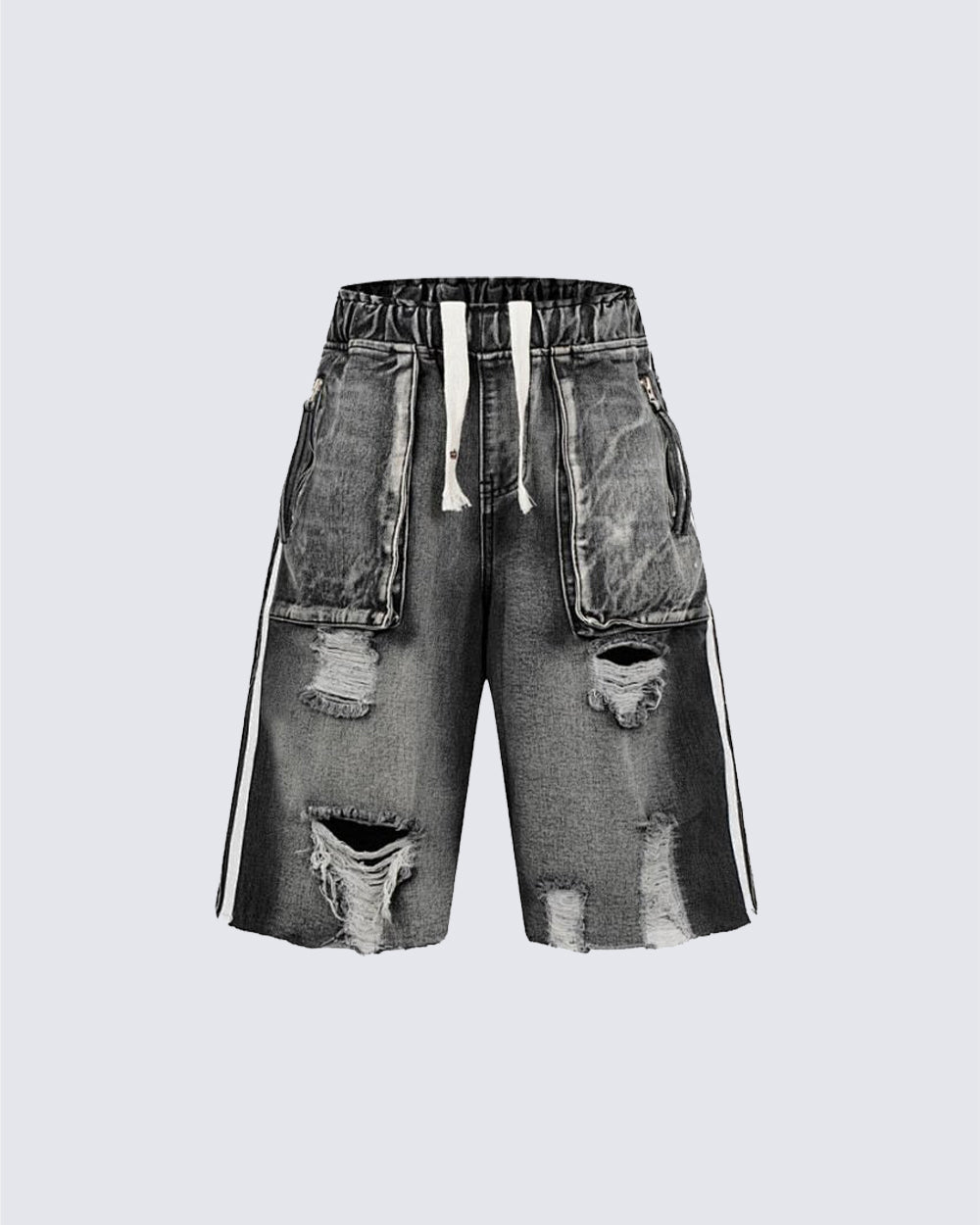 Grunge Drawstring Pocket Distressed Wide Denim Shorts