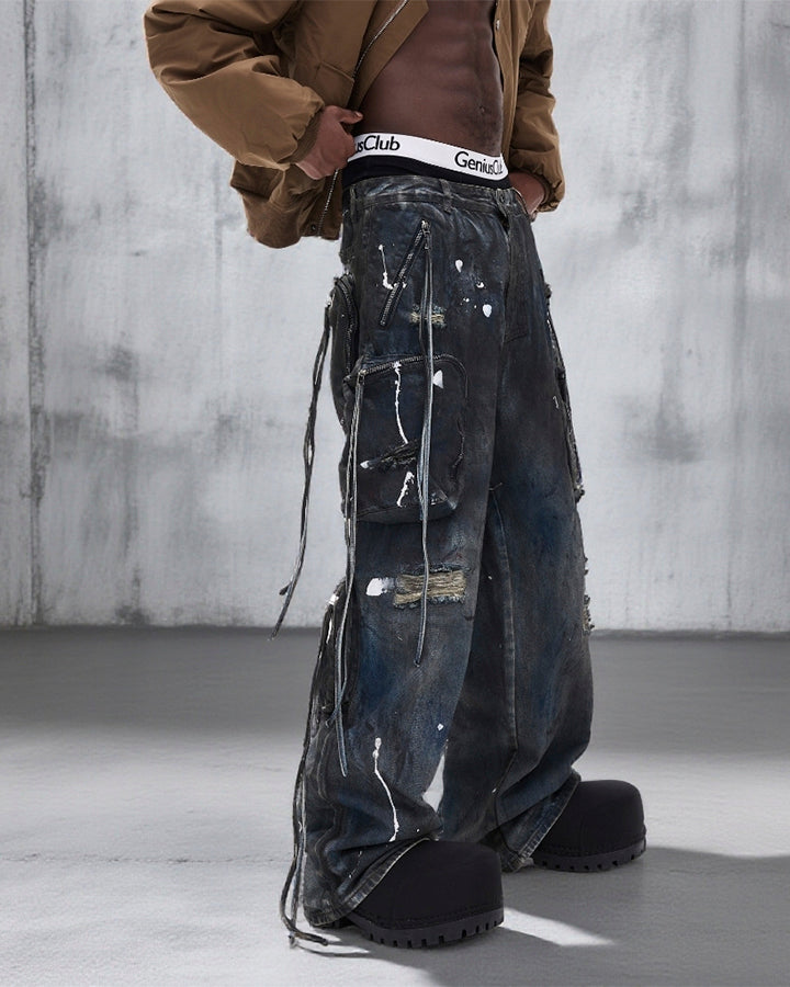 Paint Splatter Cargo Wide Leg Denim Pants