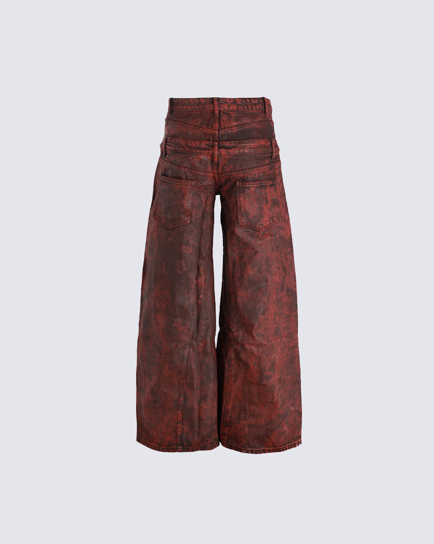 New Red Acid Wash Gothic Wide Leg Jeans