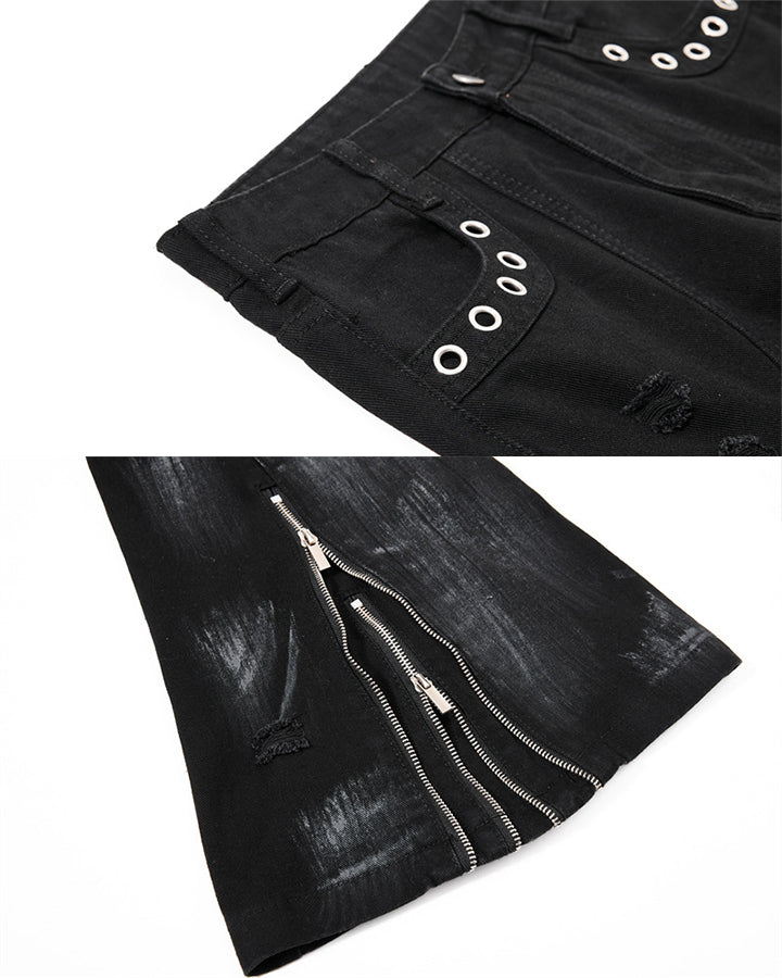 New Dark Gothic Punk Eyelet Zipper Flare Jeans