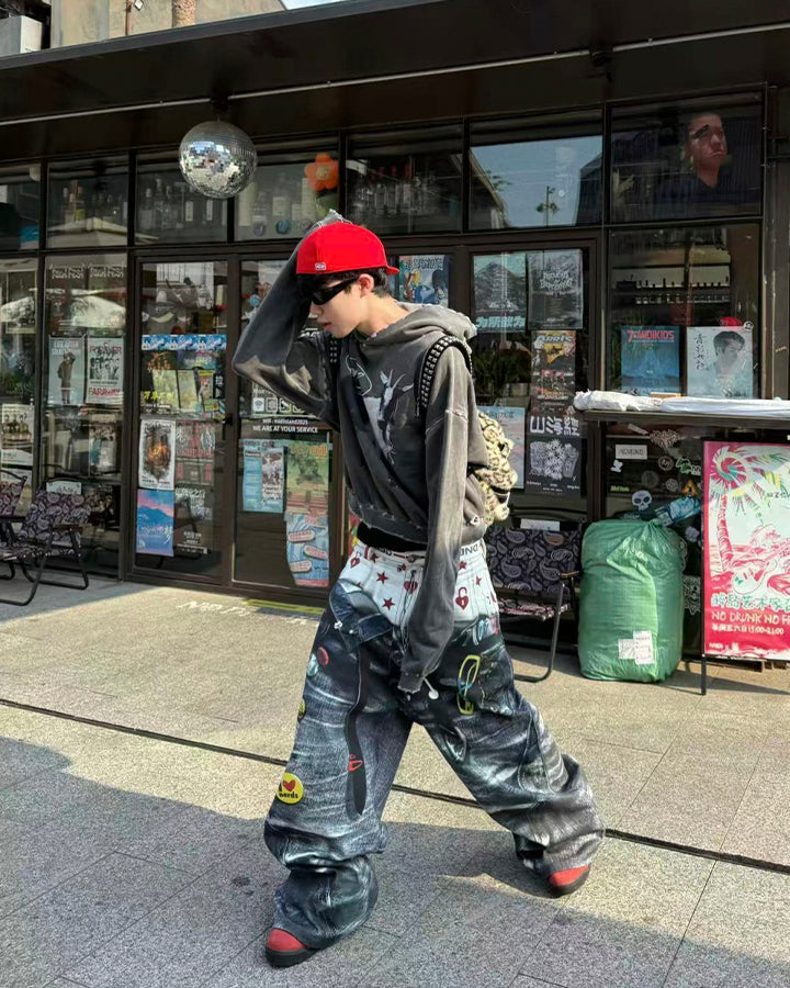Print Denim Illusion Wide-Leg Pants