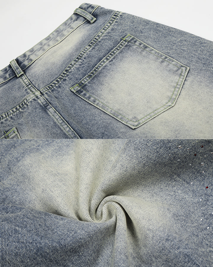 High Street New Rhinestone Washed Wide Denim Shorts
