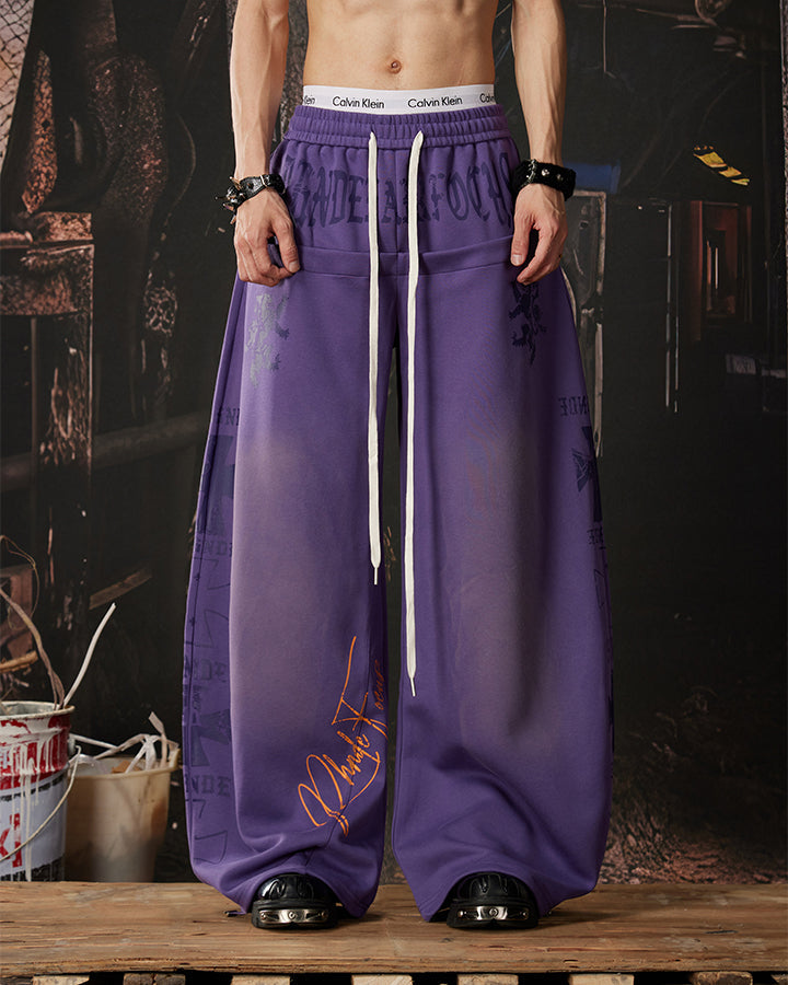 Black Gothic Letter Print Wide-Leg Sweatpants